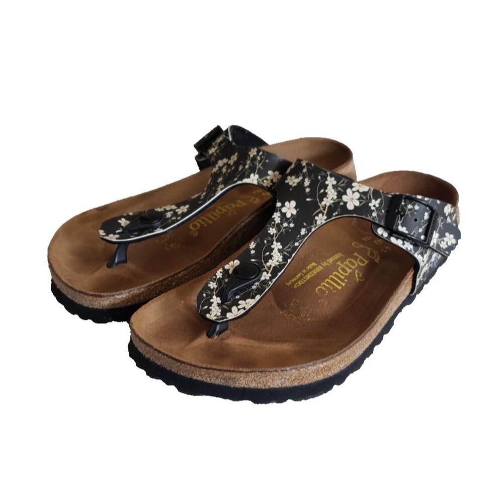 Birkenstock Gizeh 38 Sandals Size6 EU 37 Papillio Black White Floral Flowers